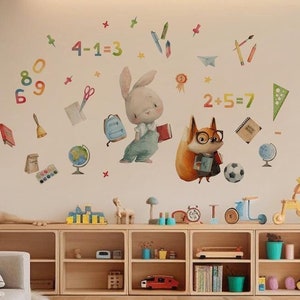 Stickers muraux éducatifs pour chambre d'enfants, stickers sur le thème de l'école, décoration d'apprentissage avec des animaux, art mural pour salle de jeux ou chambre d'enfant