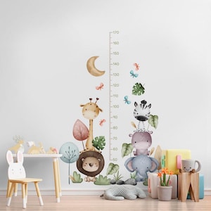 Calcomanía de pared con gráfico de crecimiento de animales de la selva, tabla de altura de safari para niños, decoración de habitación con temática de selva, adhesivo de pared de safari