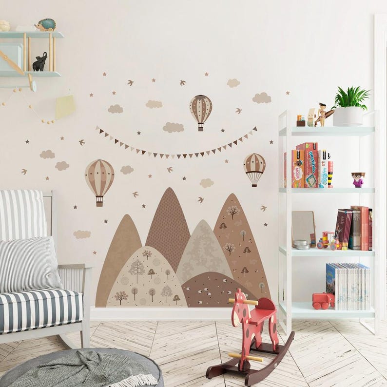 Mountain & Hot Air Balloon Wall Decals | Boho Adventure Nursery Mural ...