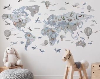 Large World Map Wall Decal with Animals | Kids Educational Stickers | Nursery Travel Decor with Country Names