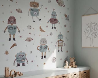 Robot Wall Decals | Space Nursery Stickers | Cute Robots Wall Decor for Boys Room | Retro Galaxy Playroom