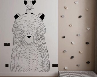 Bear and Mouse Wall Decal, Black White Nursery Sticker, Scandinavian Animal Wall Art for Kids Room