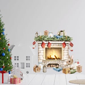 Fireplace Rabbit Gift Wall Christmas Decor | Fireplace with Socks Stickers | New Year Large Fireplace Decals | Children&#39;s Holiday Art