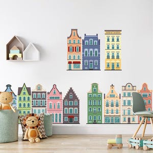 Amsterdam Watercolor Building Wall Decals: Removable Vinyl Wall Art, European Houses Stickers
