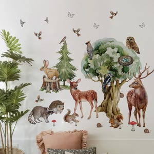 Forest Animal Wall Decals for Kids Room – Woodland Tree Wall Stickers, Nursery Baby Girl Room Decor, Watercolor Animal Vinyl, Nature WallArt