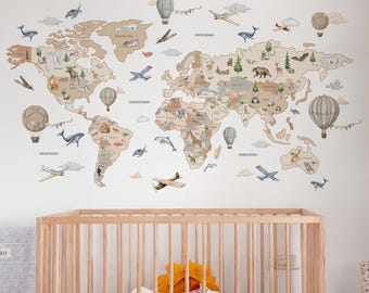 Watercolor Animal World Map Wall Decals | Kids Nursery Decor | 7 Languages Available