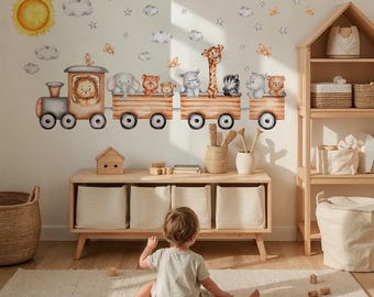Safari Wall Decals for Nursery | Animal Train Stickers | Jungle Baby Room Decor
