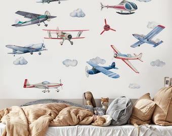 Adesivi murali con aeroplani acquerellati / Adesivi murali per camerette dei piloti / Decorazioni avventurose per la cameretta dei ragazzi