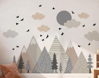 Scandinavian Mountain Wall Decals for Nursery – Forest Trees & Birds Kids Room Decor (Beige or Gray, L XL)