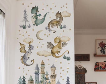 May include: Watercolor wall decals featuring a whimsical fantasy theme. The design includes a castle, dragons, clouds, stars, a crescent moon, and trees in soft pastel colors. Ideal for a nursery or children's room.
