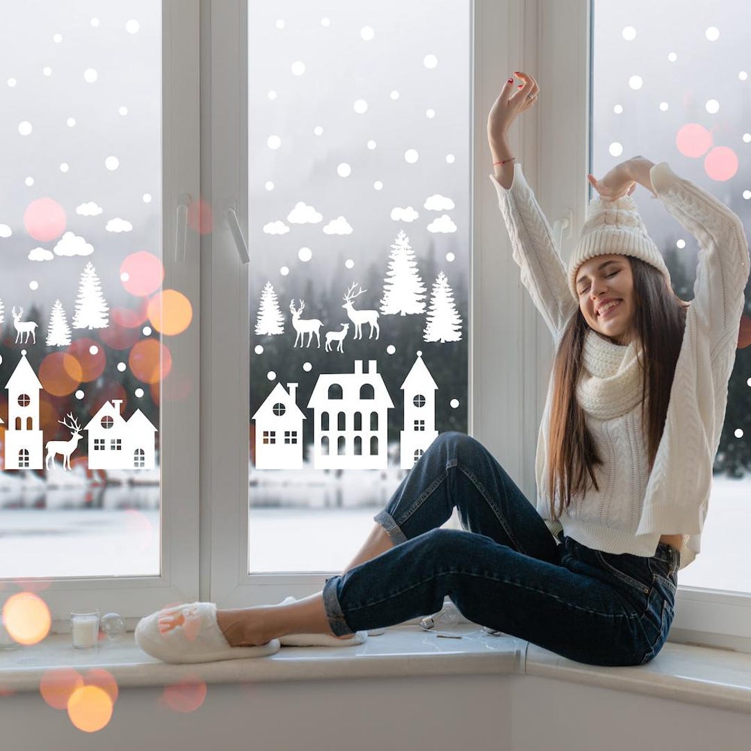 Window Sticker Frost Snow Winter Village Window Stickers | Snow Scene Decals With Deer and Trees ...