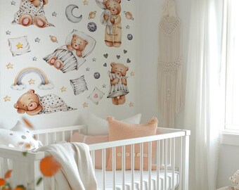 Sleeping Teddy Bear Wall Decals for Nursery | Neutral Baby Room Stickers | Watercolor Moon, Stars Decor