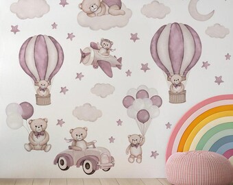 Pink Teddy Bear Wall Decals for Girl Nursery – Hot Air Balloon & Airplane Stickers