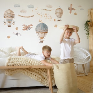 Hot Air Balloon and Airplane Wall Decals | Watercolor Clouds, Birds and Stars Stickers | Baby Boy Nursery Adventure Decor