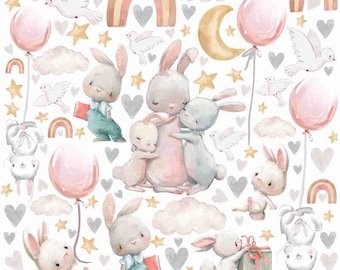 Aquarell Häschen Wandtattoos für Baby Mädchen Kinderzimmer | Kaninchen Wandaufkleber mit Regenbogen, Wolken und Luftballons | Weiche Pastell Kinderzimmer Dekor