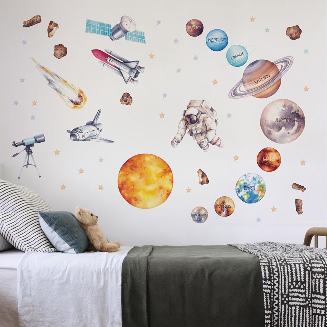 Watercolor Space Planets Wall Decals | Astronaut Rocket Comet Stickers ...