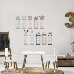 May include: Nine multiplication table charts with animal designs, including a deer, lion, fox, cat, giraffe, rabbit, penguin, sloth, and panda. Each chart features a different animal and a multiplication table.