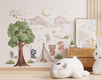 Woodland Animal Wall Decals for Nursery – Forest Friends Tree, Fox & Raccoon Baby Room Stickers