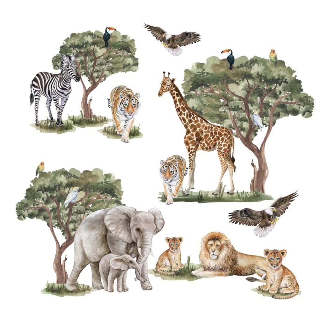 Safari Animal Decals | Watercolor Jungle Nursery Decor | Elephant ...
