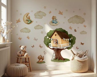 Treehouse Wall Decals with Teddy Bears | Woodland Nursery Decor | Watercolor Tree House Wall Stickers for Kids Room