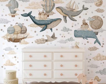 Ocean Wall Decals for Kids Room, Vinyl Watercolors Whale Wall Stickers for Nursery, Castle wall decals, Nursery Wall Stickers