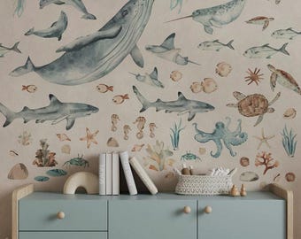 Ocean Animals Wall Decals | Whale Shark Dolphin Sea Turtle Stickers | Underwater Nursery Decor