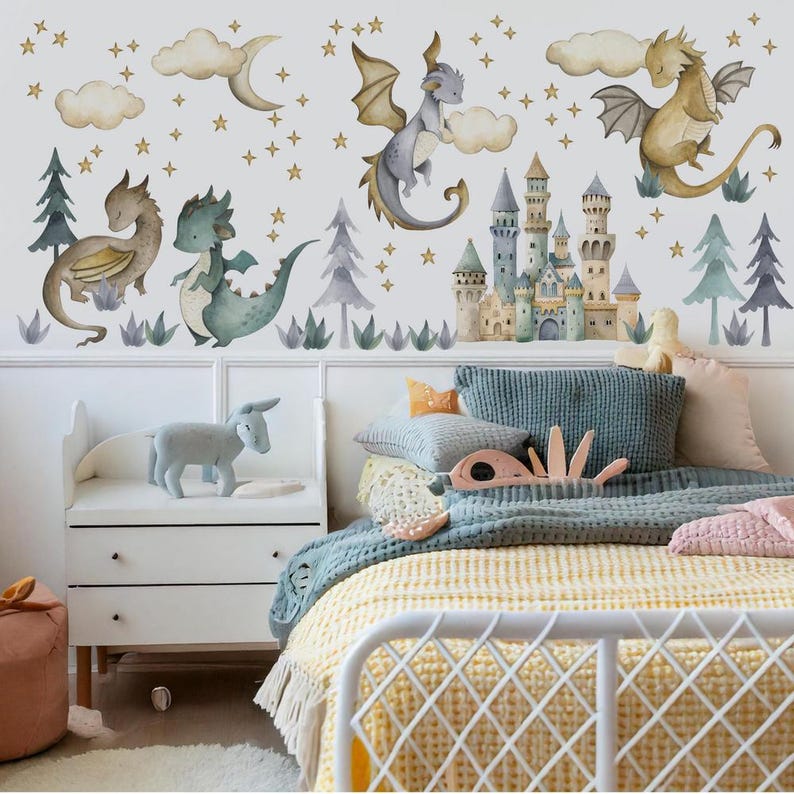 Dragon Wall Decals for Kids Room – Fantasy Castle Nursery Stickers ...