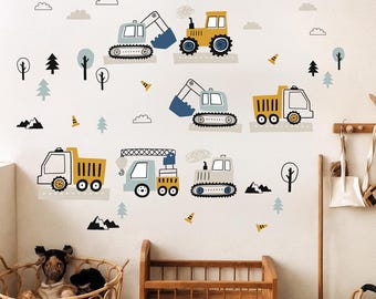 Construction Wall Decals for Kids | Digger and Truck Stickers | Boys Room Vehicle Wall Art