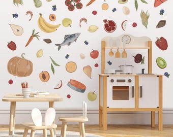Fruit + Vegetable Wall Decals for Playroom | Watercolor Food Stickers | Montessori Kitchen, Classroom Decor