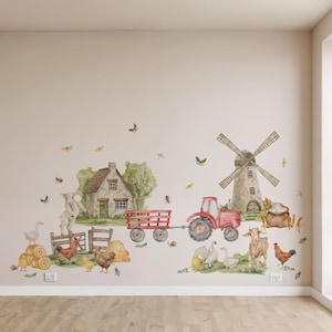 Barnyard Wall Stickers for Nursery – Cute Farm Animal Decals with Tractor, Chickens & Windmill – Kids Room Farmhouse Wall Art for Baby Room