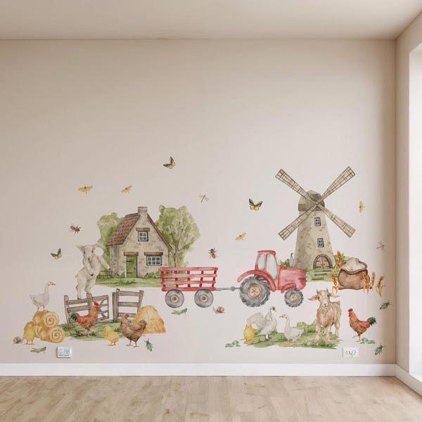 Farm Animal Wall Decals: Watercolor Tractor, Windmill, Chickens - Nursery Decor