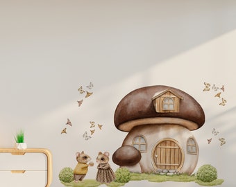 Stickers muraux maison de souris pour chambre d'enfant - champignon bohème | Stickers souris fée