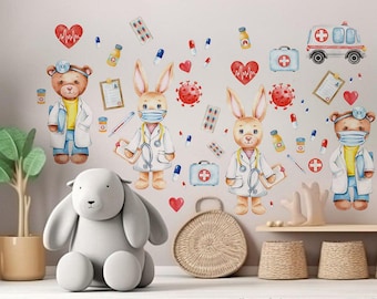 Doctor Animal Wall Decals for Kids Room | Pediatric Clinic Stickers | Bunny & Bear Medical Office Decor