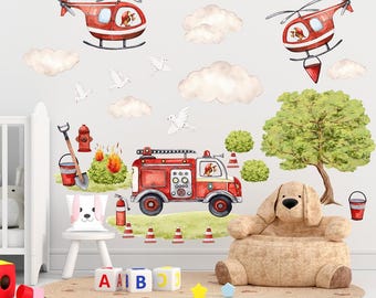 Firefighter Wall Decals for Boys Room | Fire Truck & Helicopter Stickers | Watercolor Rescue Nursery Decor