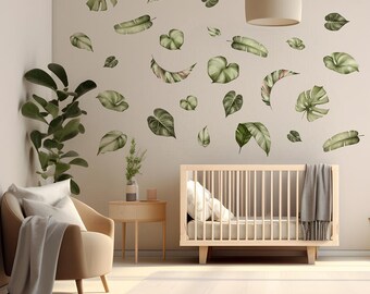 Tropical Leaf Wall Decals | Botanical Monstera Stickers | Watercolor Greenery Decor for Living Room