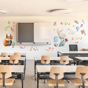Calcomanías de pared con temática de matemáticas / Calcomanías de estudio / Decoración de primer grado / Regalo escolar con animales / Arte de pared para el aula