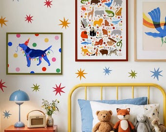 Colorful Star Wall Decals for Kids Room | Retro Cosmic Wall Stickers | Mid Century Nursery Decor | Dopamine Starbursts
