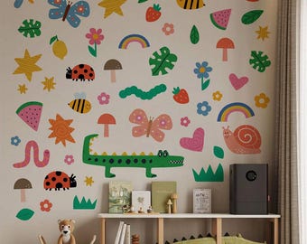 Garden Bugs Wall Decal Set, Colorful Wall Stickers, Ladybug Bee Butterfly Snail Decor for Kids Room