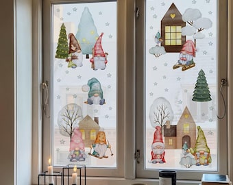 Kit De 9 Feuilles Autocollants Fenêtre Noël - Motifs Nains, Bonhommes De Neige, étoiles... - PVC Double Face Amovible - Pour Décoration Vitre, Miroir, Carrelage