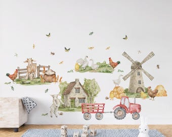 Watercolor Farm Animals Wall Decals | Barnyard Tractor Stickers | Farmhouse Nursery Wall Decor