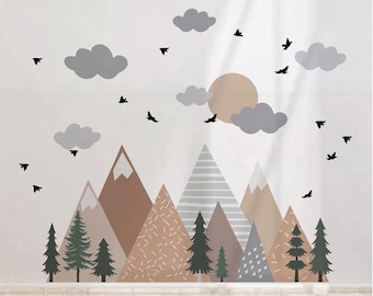 Scandinavian Mountain Wall Decals – Forest Trees, Birds Nursery Decor (Beige/Gray, L/XL)