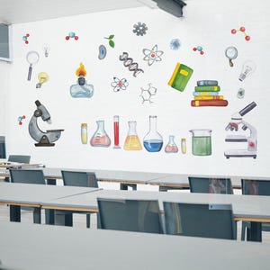 Op de afbeelding: Waterverfillustraties van wetenschappelijke elementen op een witte muur. De afbeelding toont een microscoop, bekers, reageerbuizen, een bunsenbrander, boeken en moleculaire structuren. Het kleurenpalet bevat blauw, geel, groen en rood.