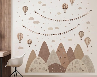 Mountain and Hot Air Balloon Mural for Nursery, Boho Adventure Kids Room – Peel & Stick, Gift for Baby Shower, Mountain wall decals