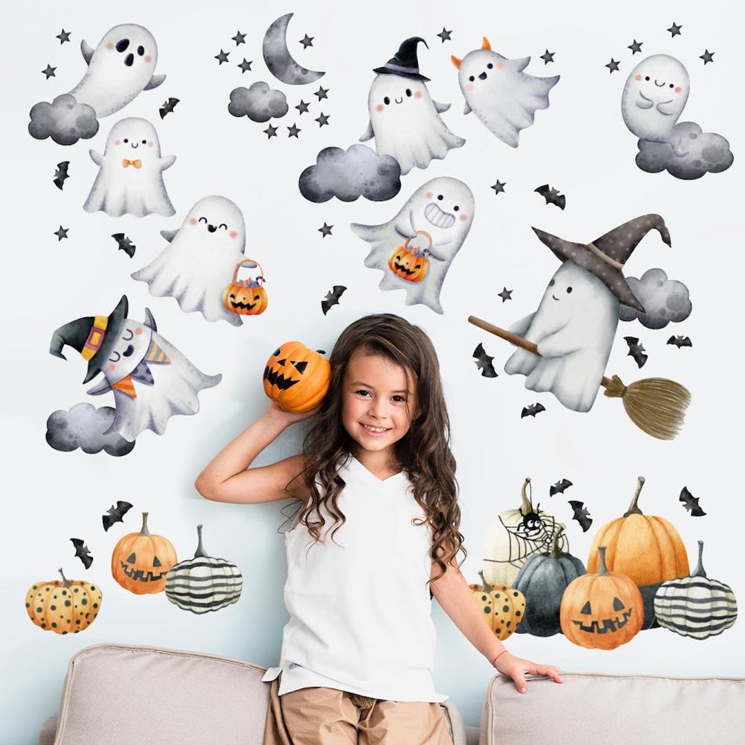 Halloween Ghost and Pumpkin Wall Decals | Cute Witch, Bats and Stars ...