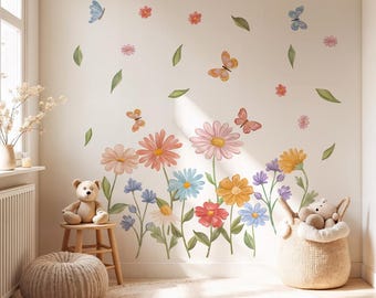 Wildflower Wall Decals for Girls Room – Watercolor Flowers & Butterfly Nursery Stickers