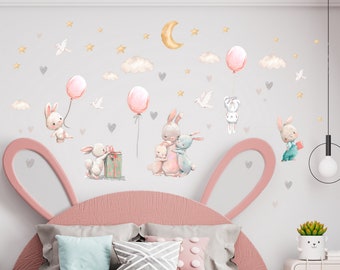 Wandtattoo Hasen mit Luftballons und Regenbögen | Kinderzimmer Wandsticker | Baby Mädchen Zimmer Dekor | Kaninchen Wandbild für Mädchen | Pastell Wandkunst