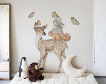 Woodland Wall Decal | Deer Wall Sticker | Wild Doe, Rabbit, Squirrel, Bird Wall Decal | Forest animal sticker for kids