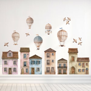 VILLAGE Wall Stickers for Kids Room, Colorful Houses with Hot Air Balloons, Watercolor House Wall Decals, Old Town House Wall Stickers