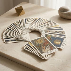 May include: A deck of tarot cards fanned out in a semi-circle. The cards feature detailed illustrations with muted tones of blue, gold, and cream. The front-most card displays a sun with a face and the text THE SUN, next to a card labeled THE MOON.