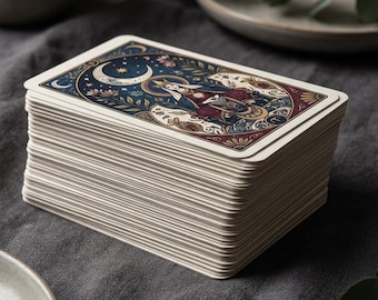 Könnte beinhalten: Ein dicker Stapel rechteckiger Spielkarten mit einer detaillierten Illustration auf der obersten Karte. Das Bild zeigt eine zentrale Figur mit Krone, umgeben von einer Mondsichel, Sternen und floralen Motiven in Blau-, Gold- und Rottönen.
